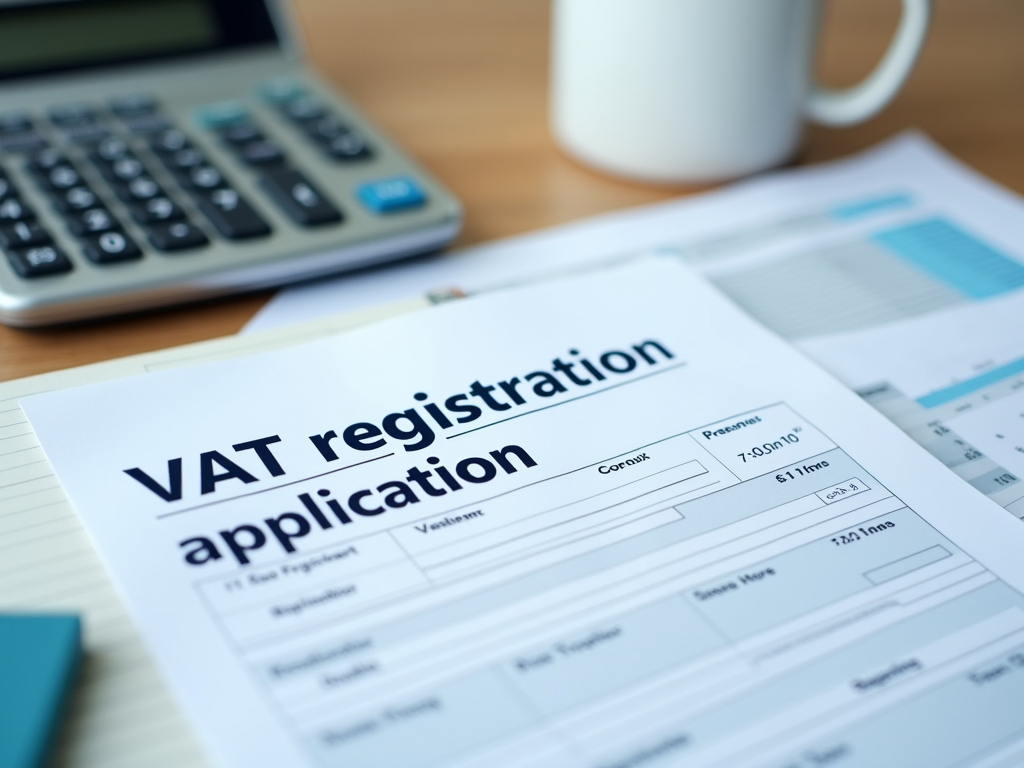 "Close-up of a VAT registration application form with a calculator and mug on a desk."