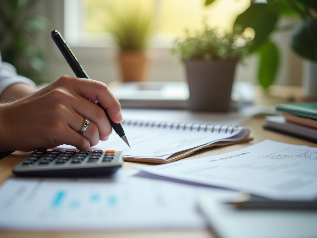 Close-up of a hand using a calculator with paperwork and plants on desk.