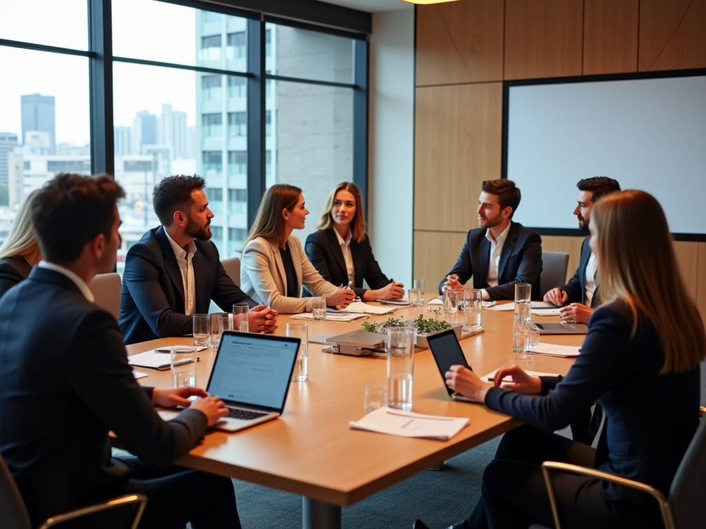 Business professionals engaged in a meeting around a conference table in a modern office setting.