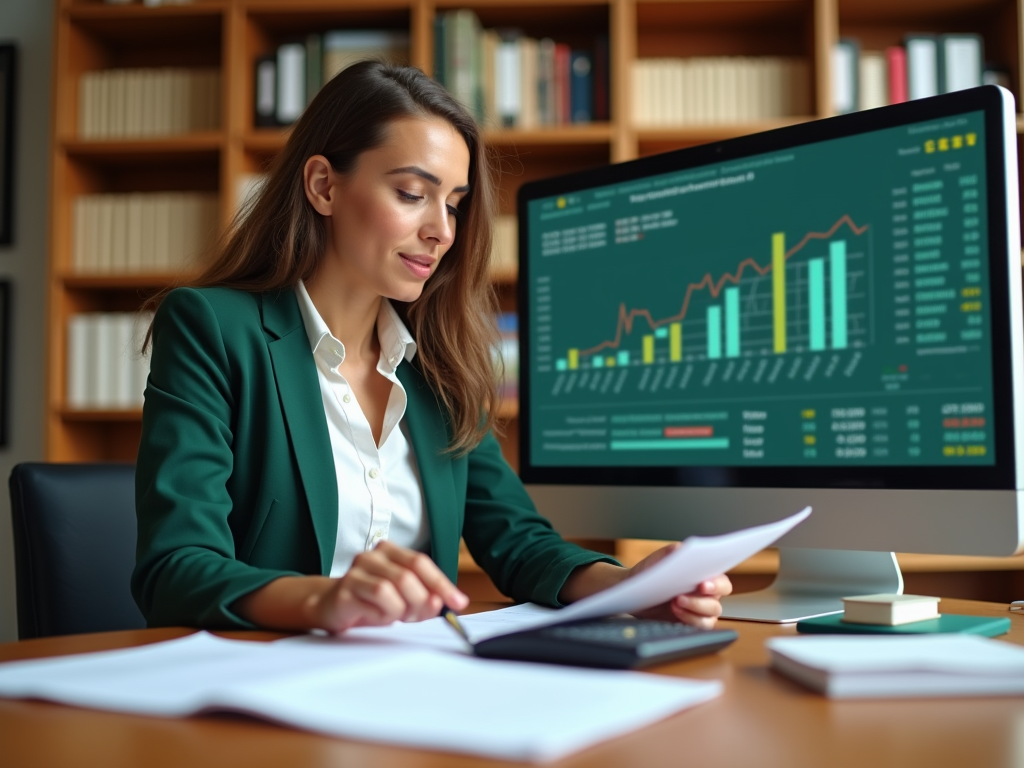 Businesswoman analyzing financial data on computer screen in office.