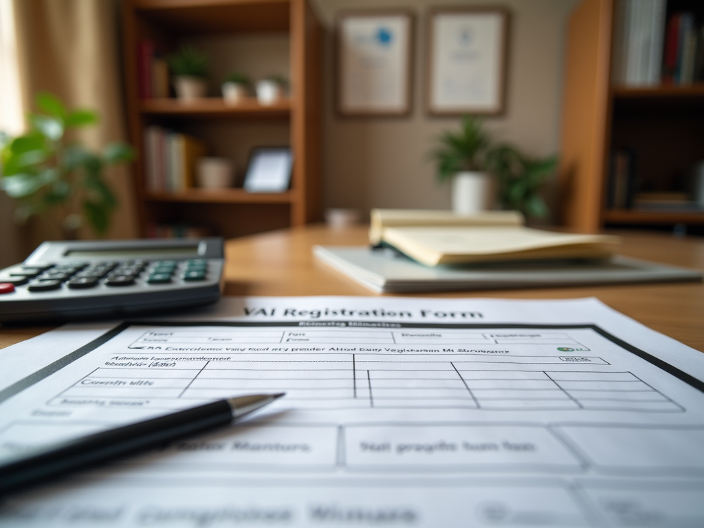 Close-up of a VA registration form on a desk with a calculator and books in the background.