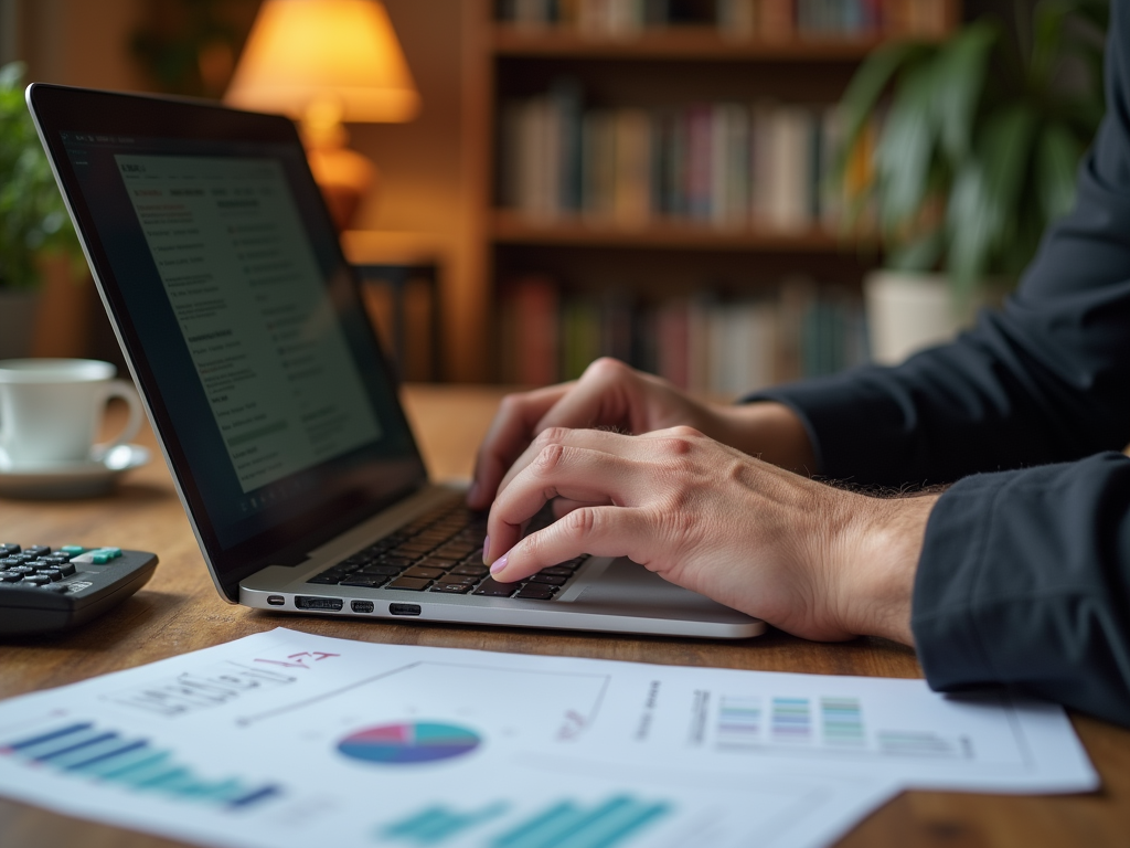 Person typing on a laptop with financial charts on the table in a cozy room with a lamp.