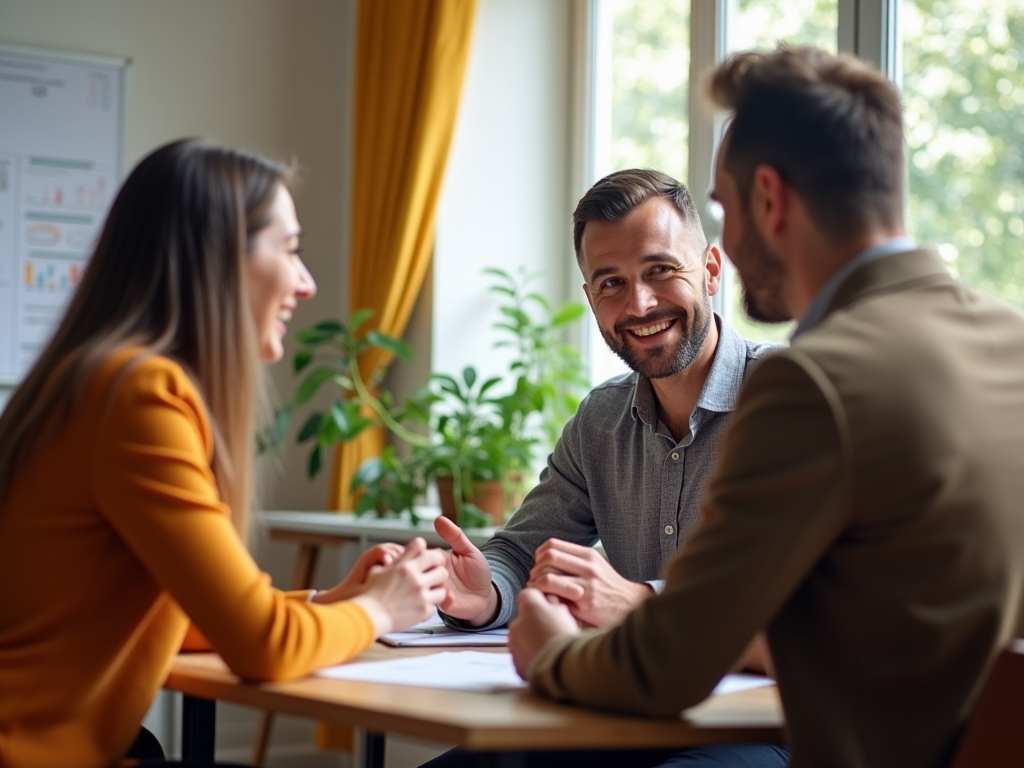 Three professionals smiling and discussing over paperwork in a bright office setting.