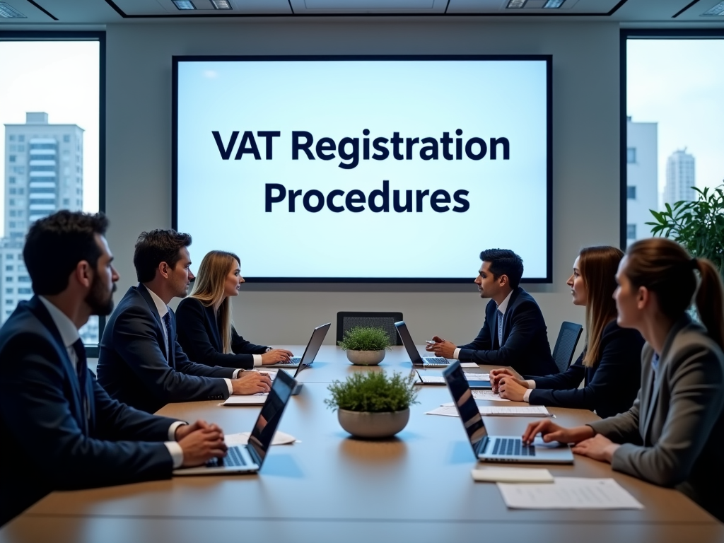 Business professionals in a meeting discussing VAT registration procedures on a presentation screen.