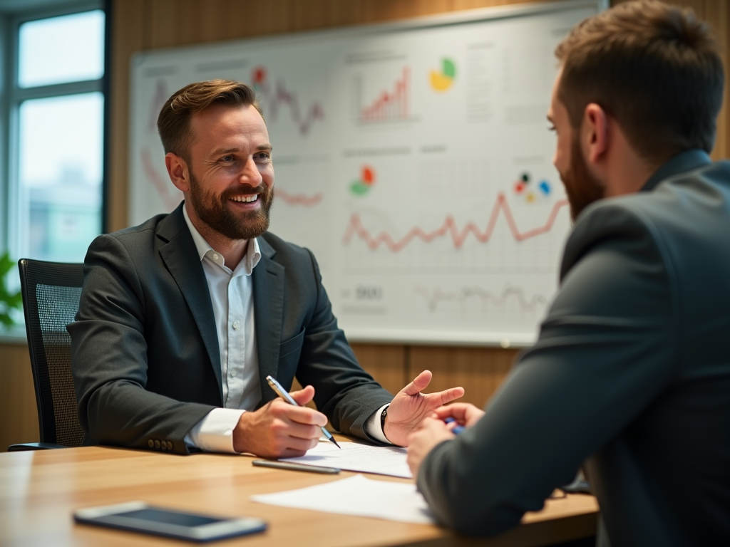 Two businessmen smiling and discussing over charts in a meeting room.