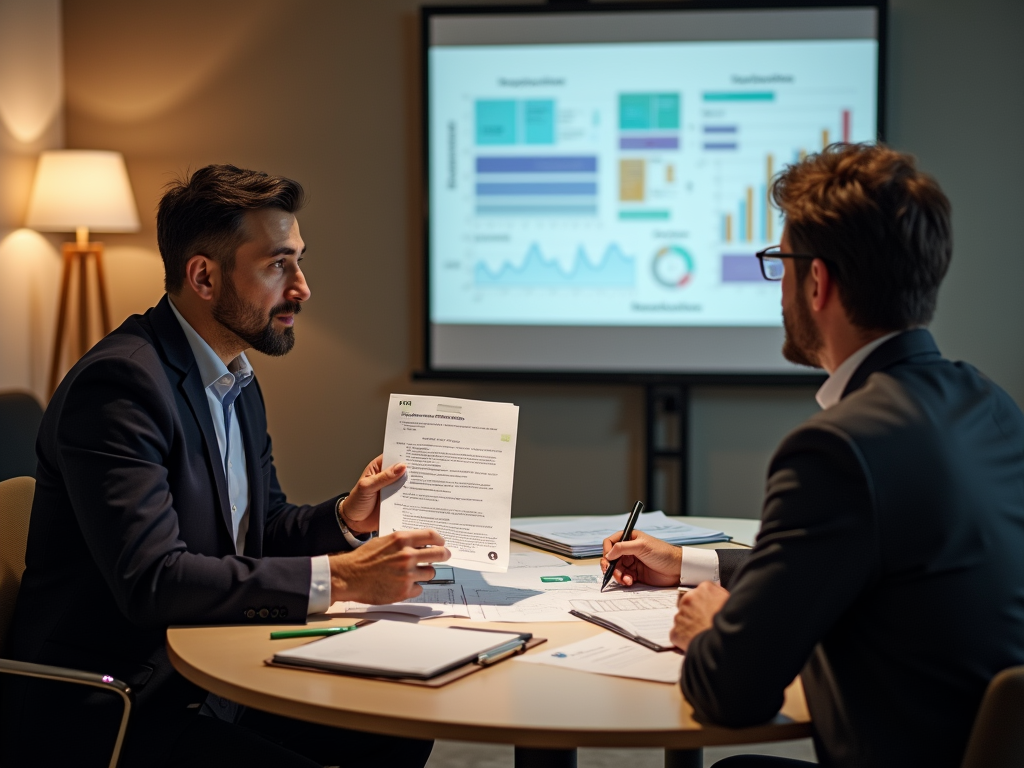 Two businessmen discuss documents at a table with a data presentation in the background.