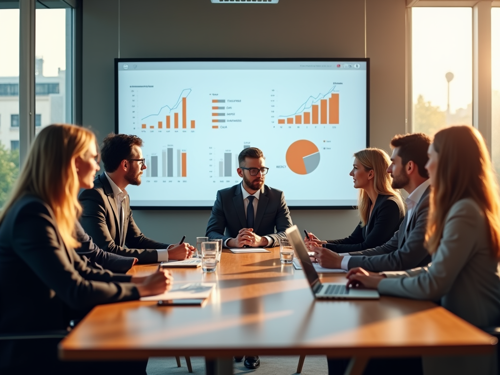 Business professionals discussing graphs on a screen in a meeting room during sunset.