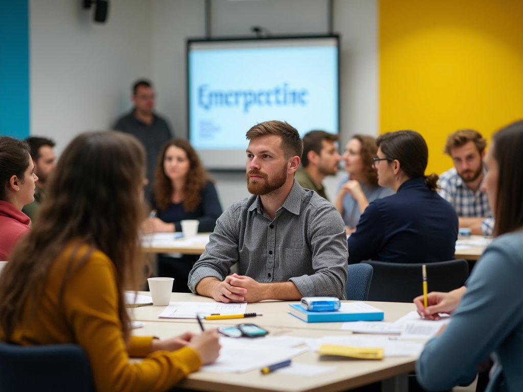 Adults in a workshop discussing, with "Empathetic" on screen in background.