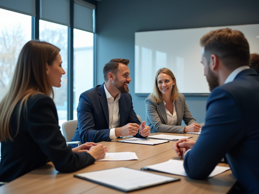 Four professionals interacting in a bright meeting room with large windows.