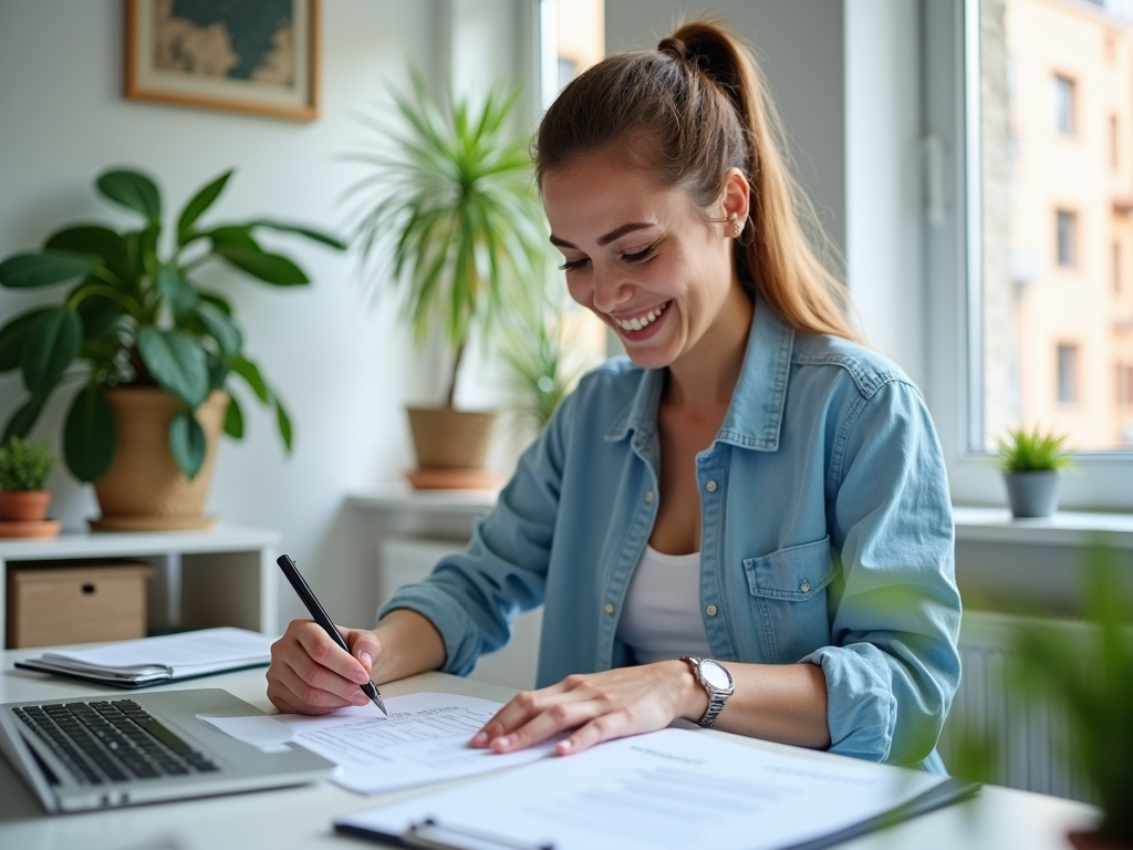 Smiling woman writing in notebook at home office with laptop and indoor plants.