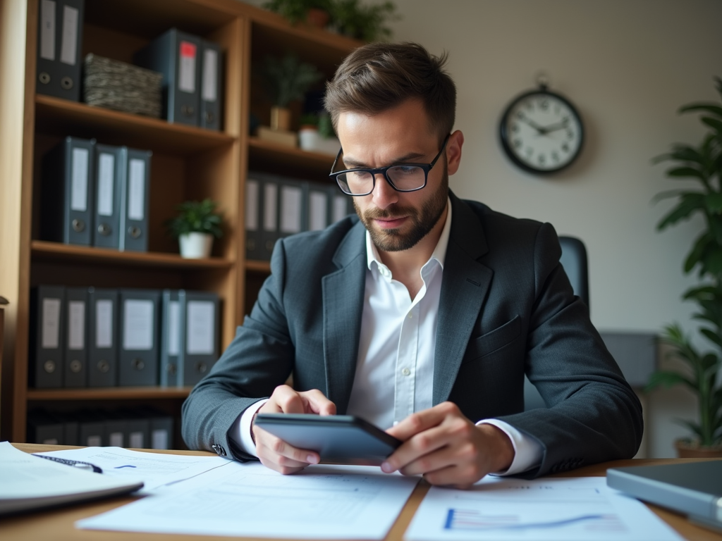 Businessman in glasses focused on a tablet at a desk with paperwork, in an office with shelves and a clock.