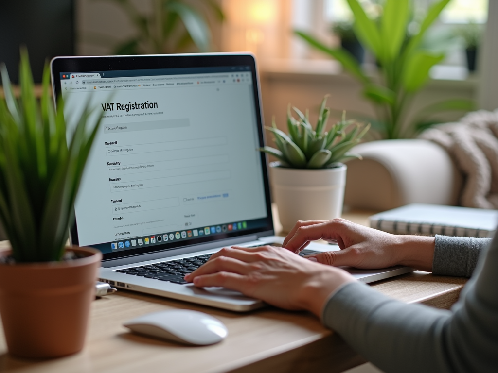 Person completing VAT registration on a laptop, surrounded by indoor plants.