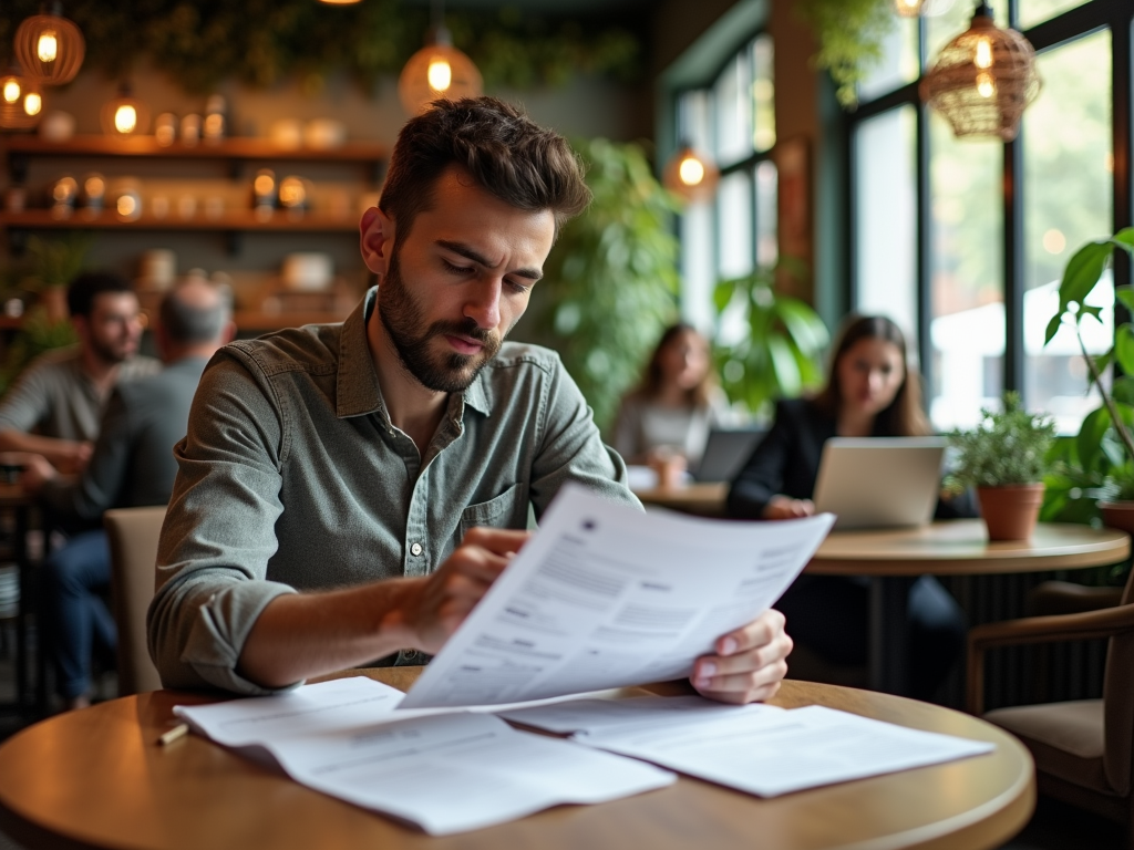 Man focused on reviewing documents in a busy café, with people working in the background.