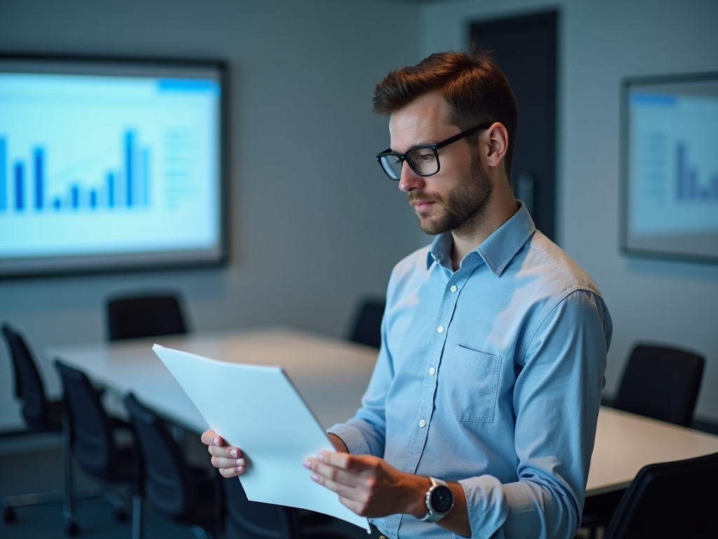 Man in glasses reading a document in a meeting room with a bar chart on a screen in the background.