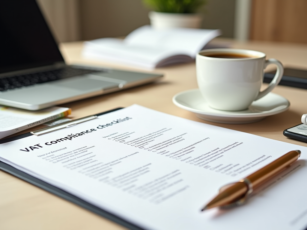 Workspace with a VAT compliance checklist, cup of coffee, pen, and laptop on a desk.