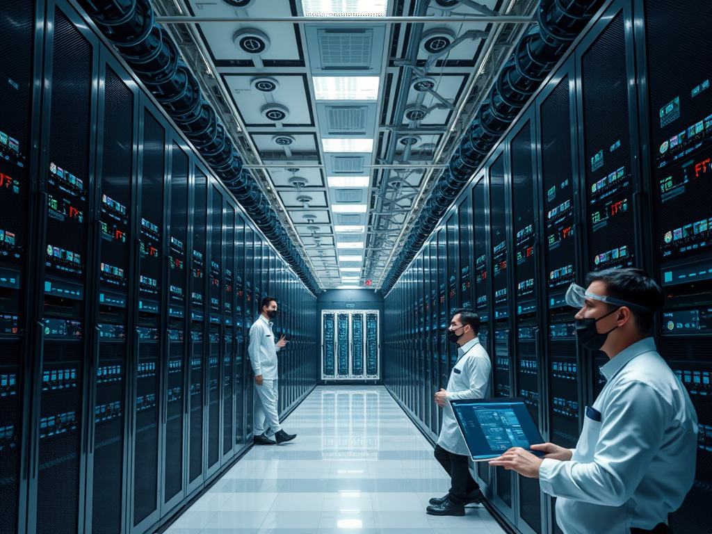 Two technicians in lab coats work in a high-tech server room filled with data storage racks and screens.