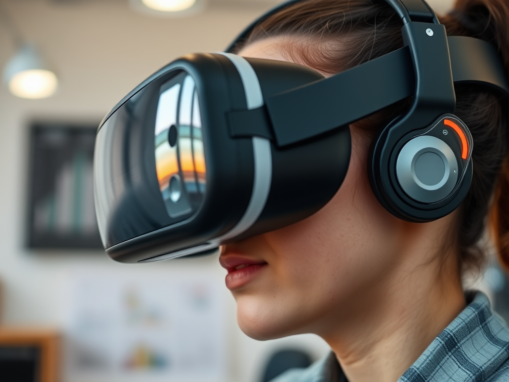 A person wearing a virtual reality headset and headphones, focused on an immersive digital experience.