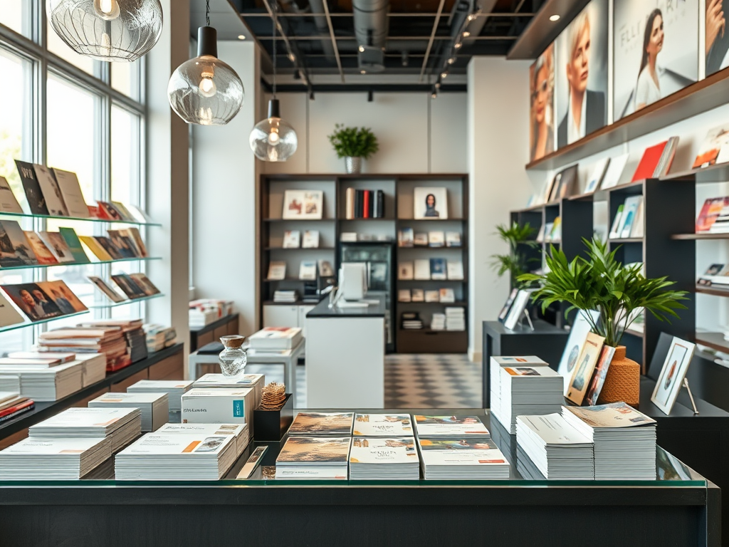 A stylish bookstore interior featuring bookshelves, modern decor, and a cozy atmosphere with plants and lighting.