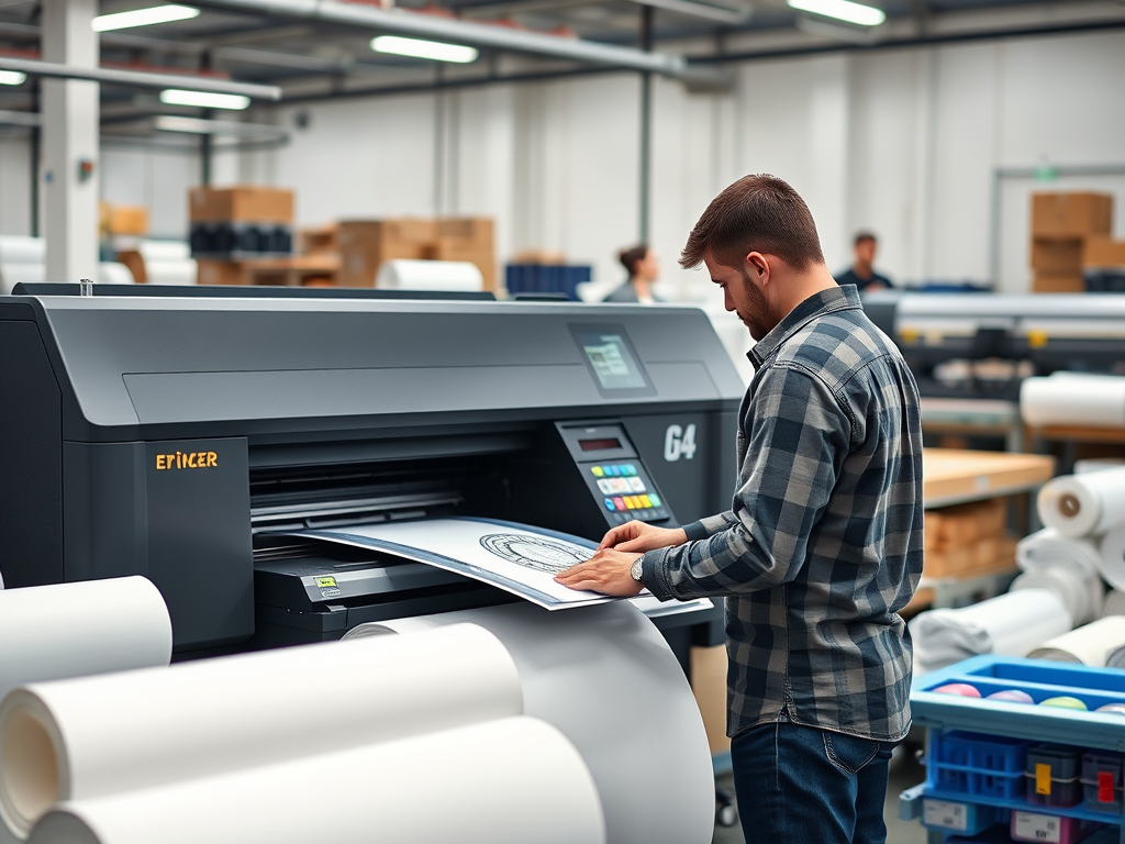 A man operating a large printer in a production facility, reviewing a printed sheet with various materials around.