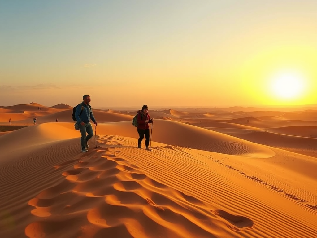 Two hikers trek across golden sand dunes at sunset, with others in the distance enjoying the serene landscape.