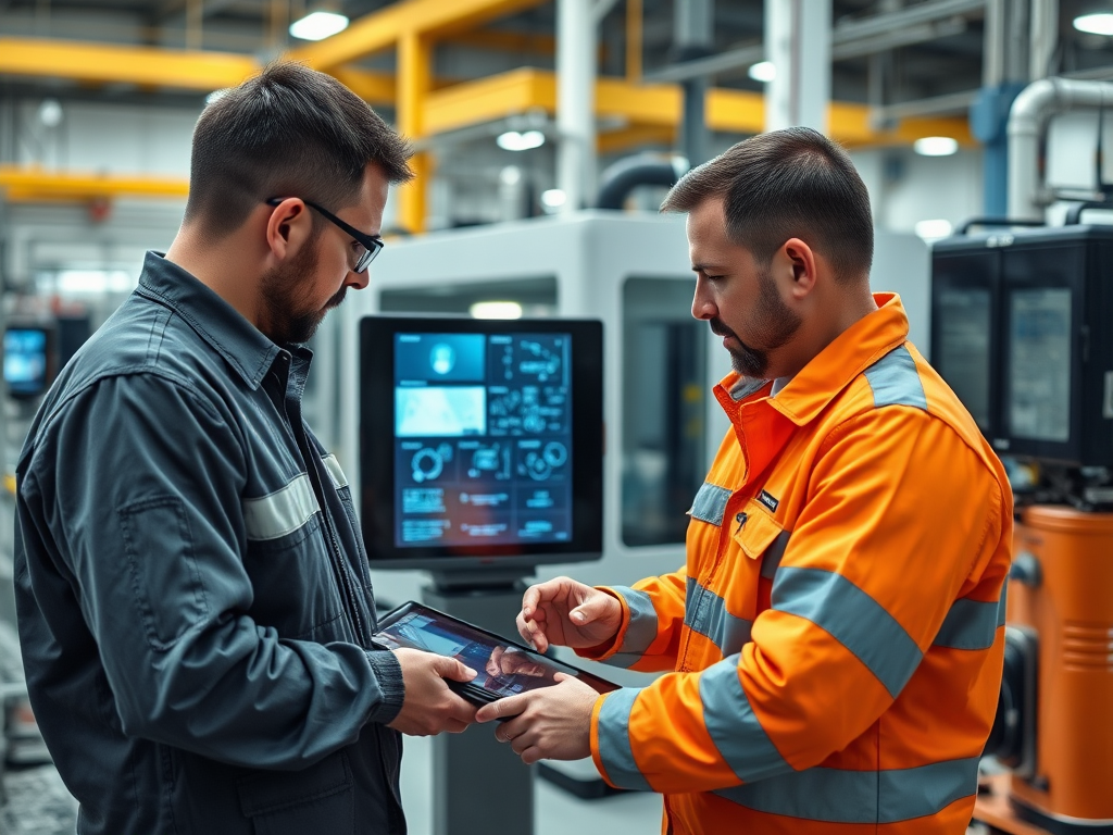 Two factory workers discuss information on a tablet in front of a screen displaying data in an industrial setting.