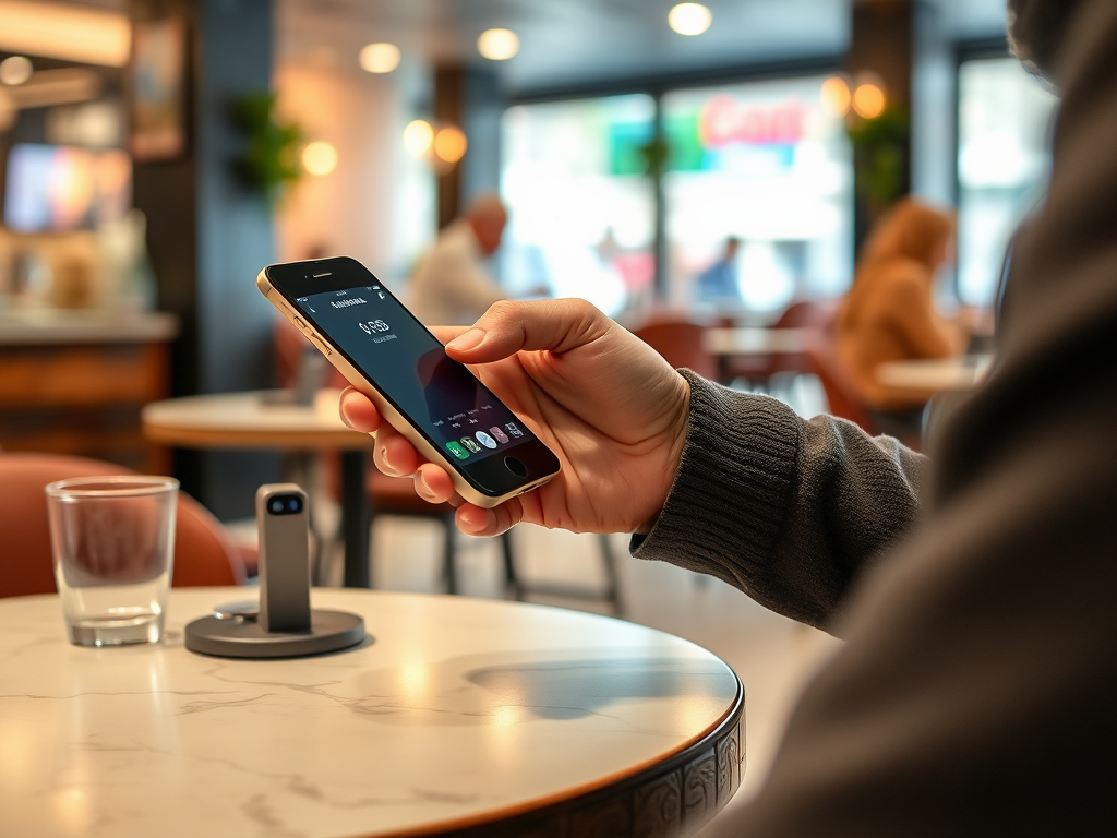 A person holds a smartphone displaying the time, sitting at a cafe table with a glass of water.