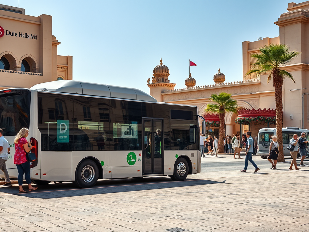 A modern bus is parked near a bustling plaza with palm trees and people walking, featuring an ornate building backdrop.