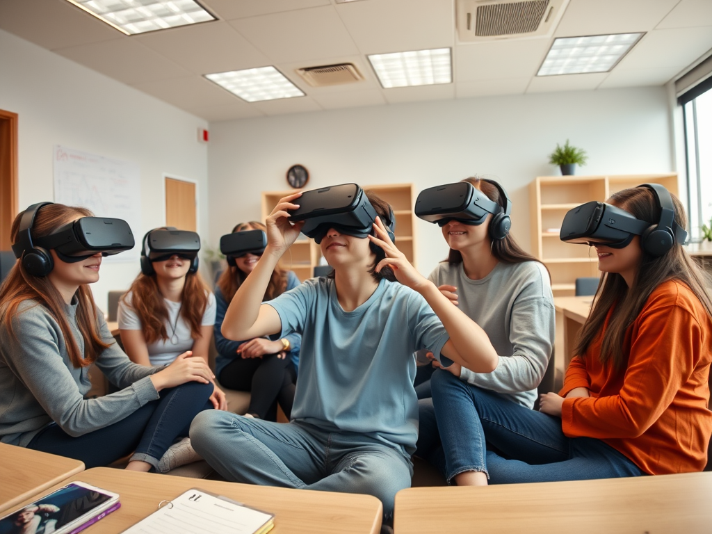 A group of six young women wearing VR headsets engaged in a virtual reality experience in a classroom setting.