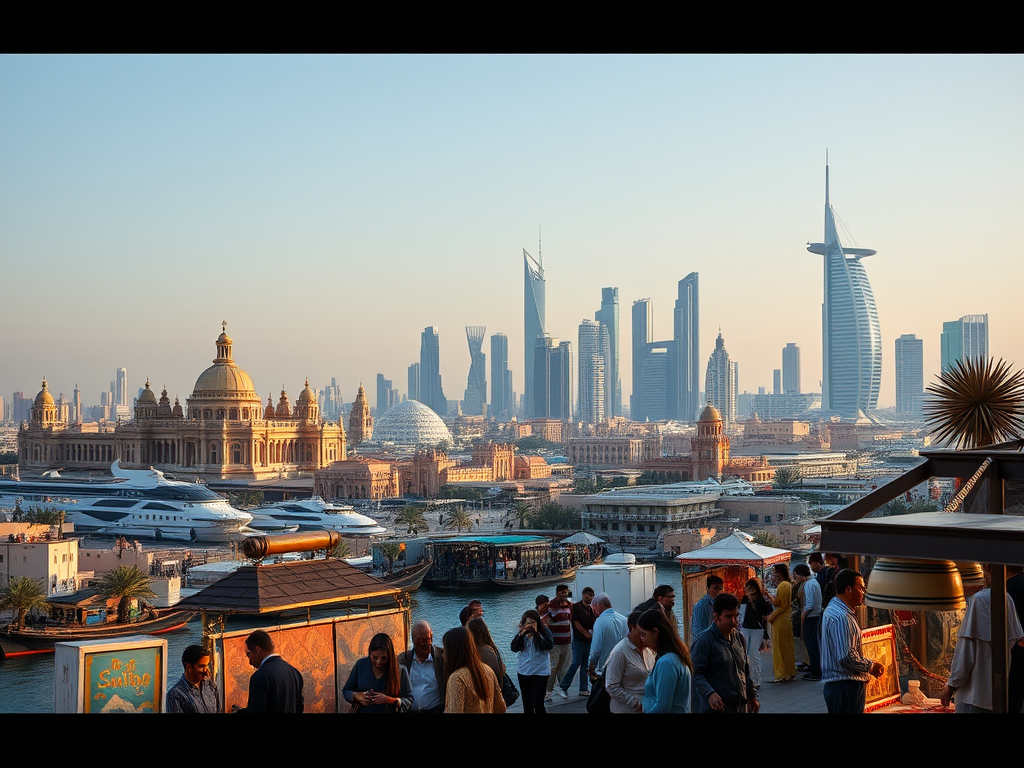 A vibrant cityscape at sunset with modern skyscrapers, historic buildings, and people enjoying the view.