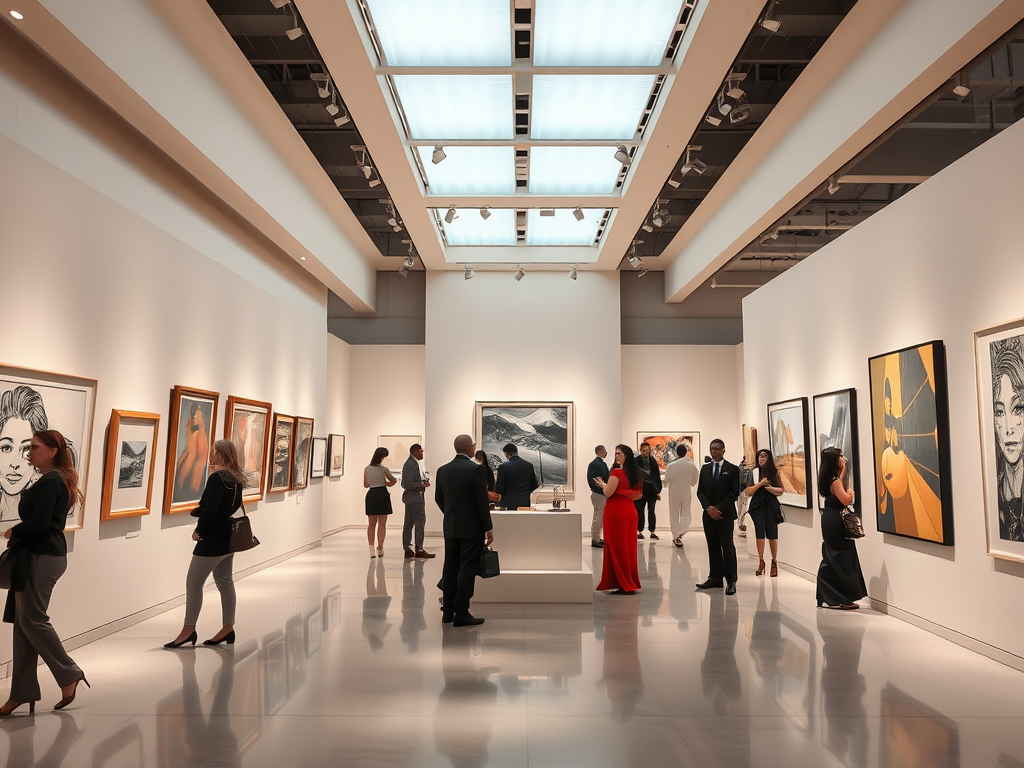 A modern art gallery with attendees admiring artwork, featuring vibrant paintings and elegant lighting.