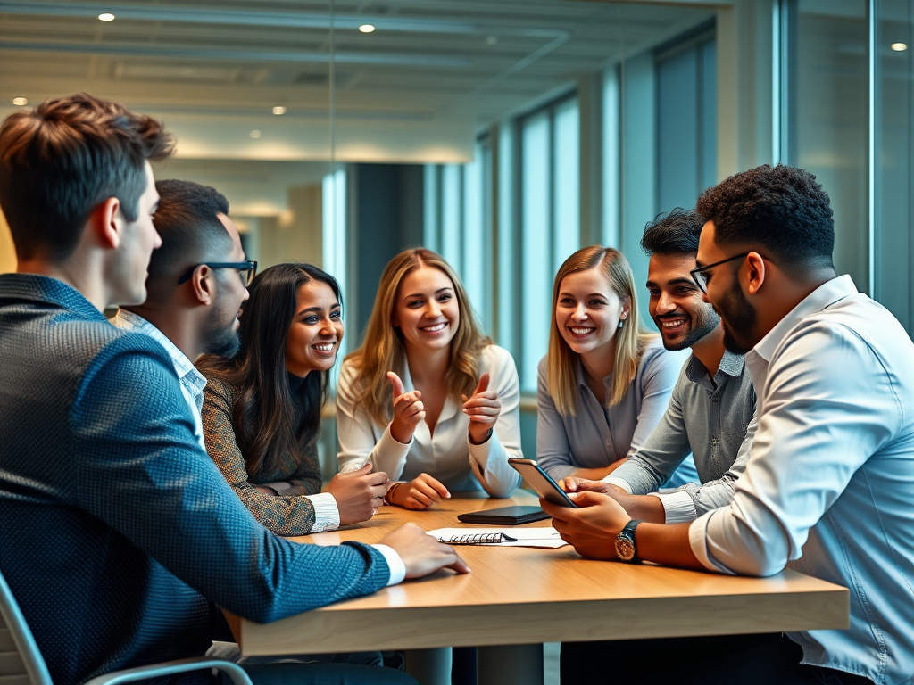 A diverse group of six people sits around a table in a bright office, engaged in lively discussion and laughter.